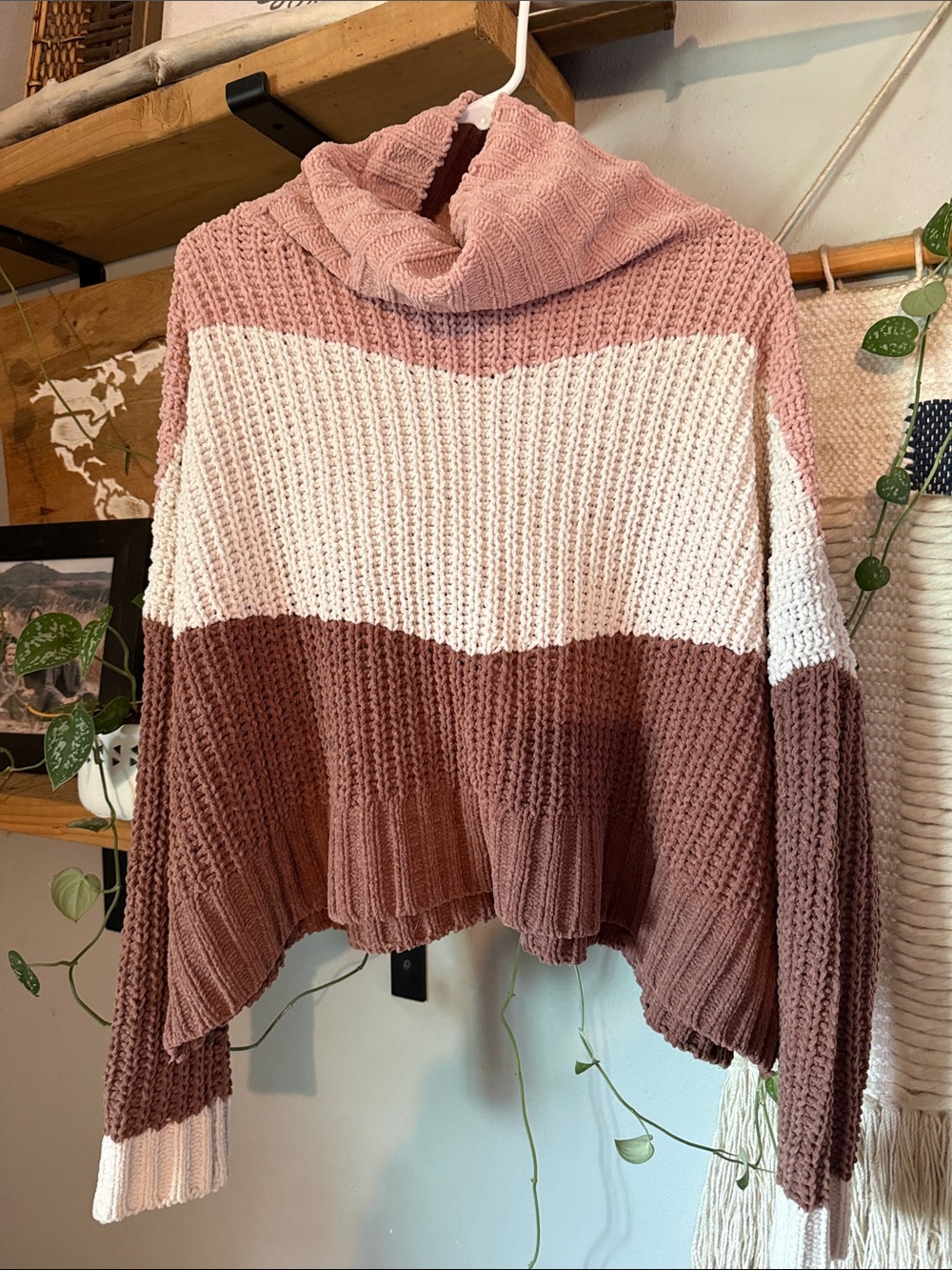 POL Pink, White & Brown Colorblock Cowl Neck Sweater